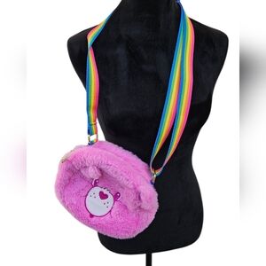 Care Bears Pink Plush Crossbody Bag Cheer Bear Fuzzy Purse Rainbow Strap Y2K